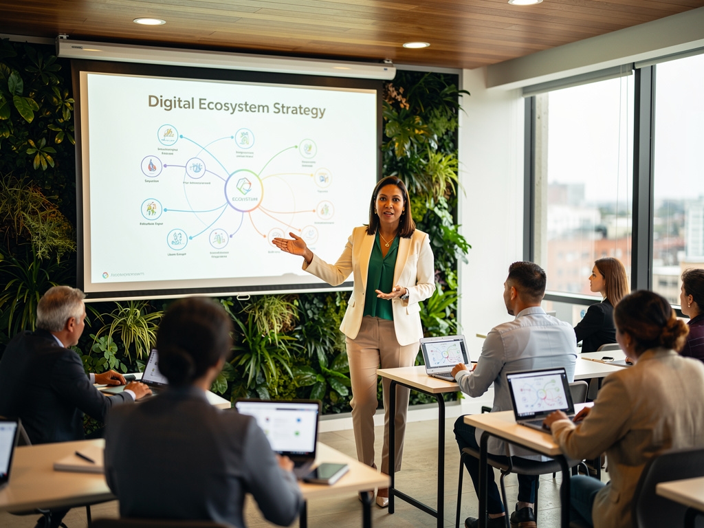 Educadora digital explicando conceptos sostenibles a emprendedores costarricenses