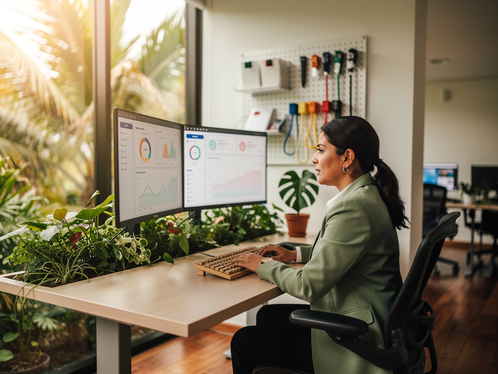Espacio de trabajo digital sostenible con plantas y tecnología